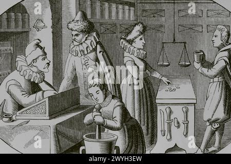 Farmacista e droghiere francese, XVI secolo. Incisione su un'illustrazione di Jean de Vries del XVI secolo. "Moeurs, usages et costumes au moyen-âge et à l'époque de la Renaissance", di Paul Lacroix. Parigi, 1878. Foto Stock