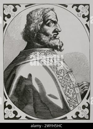 Carlo Magno (742-814). Re dei Franchi (768-814), re dei Longobardi (774-814) e imperatore del Sacro Romano Impero (800-814). Verticale. Facsimile di un'incisione del tardo XVI secolo. "Moeurs, usages et costumes au moyen-âge et à l'époque de la Renaissance", di Paul Lacroix. Parigi, 1878. Foto Stock