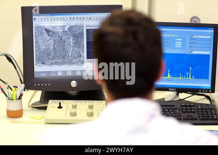 Ricercatore. SEM. Microscopio elettronico a scansione. Servizi tecnologici all'industria. Tecnalia Research & Innovation, Donostia, San Sebastian, Gipuzkoa, Paesi Baschi, Spagna. Foto Stock