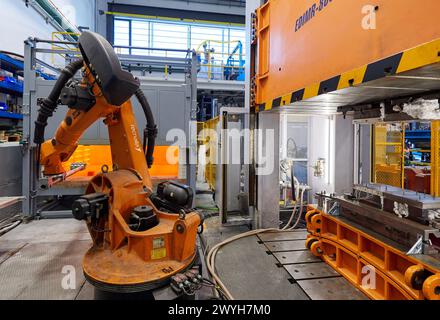 Robot che introduce i materiali nel forno e li porta successivamente alla pressa, alla cella di stampaggio a caldo, all'unità industriale, all'industria automobilistica, al centro tecnologico, Tecnalia Research & Innovation, Derio, Bizkaia, Paesi Baschi, Spagna. Foto Stock