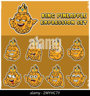 Cartoon Mascot of Pineapple Character con re ed espressioni. Vettore e illustrazione Illustrazione Vettoriale
