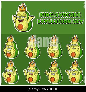 Cartoon Mascot of Avocado Fuit character with king and Expression set. Vettore e illustrazione Illustrazione Vettoriale