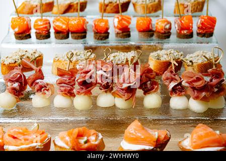 Una lussuosa selezione di tartine con salmone affumicato su toast, prosciutto con melone e tonno spalmato, perfetto per catering ed eventi di alto livello. Foto Stock