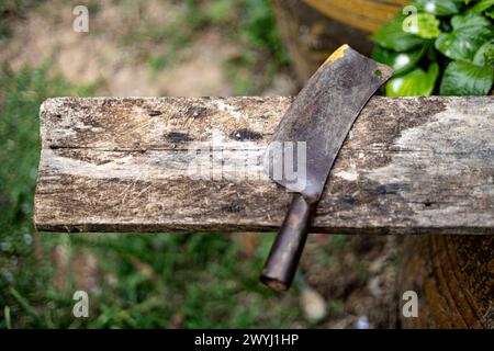 Un grande coltello da cucina poggia su un asse di legno. Lo stile di vita del popolo thailandese usa coltelli e taglieri di legno come utensili da cucina. Foto Stock