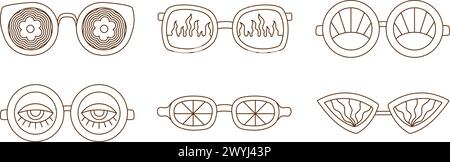 Collezione di occhiali da sole retrò Groovy con diversi motivi in bianco e nero. Set Vibe anni '1970 Illustrazione Vettoriale