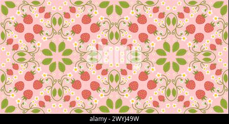 Design di un motivo di fragole senza cuciture con deliziose bacche, fiori e foglie verdi. Design ripetuto della superficie applicabile a indumenti per bambini, tessuti, carta da imballaggio e altri scopi. Illustrazione Vettoriale