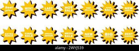 Collezione di etichette con badge Starburst per la promozione di vendita. Set di adesivi giallo e nero con testo. Illustrazione Vettoriale