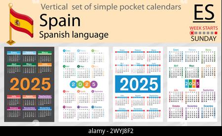 Serie verticale spagnola di calendario tascabile per il 2025 (duemila venticinque). La settimana inizia domenica. Anno nuovo. Design semplice a colori. Vettore Illustrazione Vettoriale