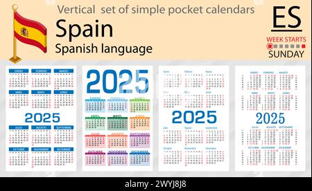 Serie verticale spagnola di calendario tascabile per il 2025 (duemila venticinque). La settimana inizia domenica. Anno nuovo. Design semplice a colori. Vettore Illustrazione Vettoriale