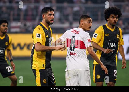 DORTMUND, GERMANIA - 6 APRILE 2024: Emre CAN, Enzo Millot , Karim Adeyemi, partita di calcio della Bundesliga Borussia Dortmundh vs Stoccarda al Signal I. Foto Stock
