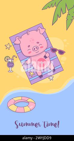 Poster verticale dell'ora legale. Buon maiale sulla spiaggia che prende il sole sulla riva tropicale sotto le foglie di palma. Simpatico animale da vacanza al mare. Vettore Illustrazione Vettoriale