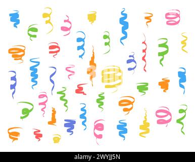 Set di nastri carnevaleschi a serpentina imposta lo sfondo vettoriale. Scarponi in carta colorata isolati su bianco per regali, saluti e design natalizio. Graphi vettoriale Illustrazione Vettoriale
