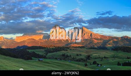 Tramonto sull'Alpe di Siusi - Alpe di Siusi con Sassolungo - gruppo montuoso Langkofel sullo sfondo. L'Alpe di Siusi è il più grande prato alpino d'alta quota Foto Stock