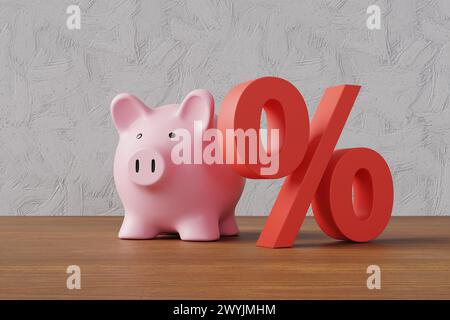 Banco dei maialini rosa accanto al segno percentuale rosso sul tavolo di legno di fronte alla parete bianca in gesso. Tasso di interesse del risparmio e del mutuo ipotecario, interessi composti Foto Stock