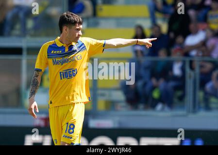 Frosinone, Italia. 7 aprile 2024. Matias Soule' del Frosinone calcio gesta durante la partita di serie A TIM tra il Frosinone calcio e il Bologna FC allo Stadio Benito stirpe il 7 aprile 2024 a Frosinone, in Italia. Crediti: Giuseppe Maffia/Alamy Live News Foto Stock