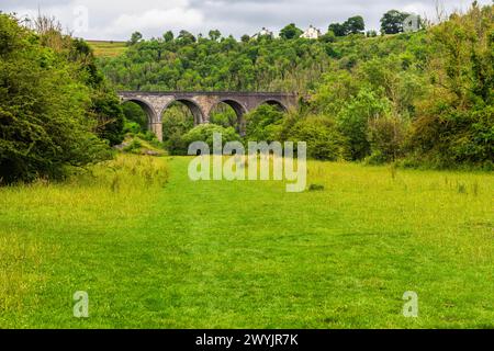 Monsal Head e Monsal Dale e il vecchio viadotto ferroviario sul fiume Wye nel Peak District nel Derbyshire, in Inghilterra Foto Stock