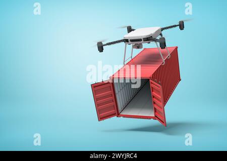 rendering 3d del sollevamento del drone aperto contenitore di spedizione rosso su sfondo blu Foto Stock