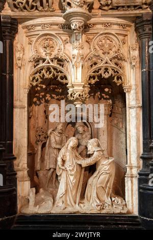 Francia, Ain, Bourg en Bresse, Monastero reale di Brou restaurato nel 2018, la chiesa di San Nicola di Tolentino capolavoro del gotico fiammeggiante, la cappella di Margherita, la pala d'altare delle sette gioie della Vergine Foto Stock