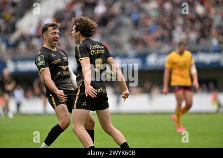 Montpellier, Francia. 7 aprile 2024. © PHOTOPQR/LE MIDI LIBRE/JEAN MICHEL MART ; MONTPELLIER ; 07/04/2024 ; MONTPELLIER/GGL STADIUM/RUGBY CHALLENGE CUP MONTPELLIER MHR/ULSTER LE 07 04 2024 /LUCAS/ AUBIN EYMERI /ESSAI RUGBY CHALLENGE CUP IL 7 APRILE 2024 LE 07 04 2024 CREDITI: MAXPPP/ALAMY LIVE NEWS Foto Stock