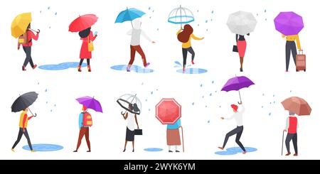 Persone con ombrelli impostati, vista posteriore. Pedoni maschili e femminili con ombrellone, personaggi giovani e anziani che camminano sotto la pioggia attraverso pozzanghere, borsa per il trasporto e valigia illustrazione vettoriale dei cartoni animati Illustrazione Vettoriale