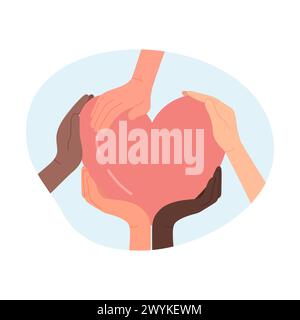 Mani multiculturali che toccano un solo cuore. Condividere amore e cura, tolleranza nazionale illustrazione vettoriale dei cartoni animati Illustrazione Vettoriale