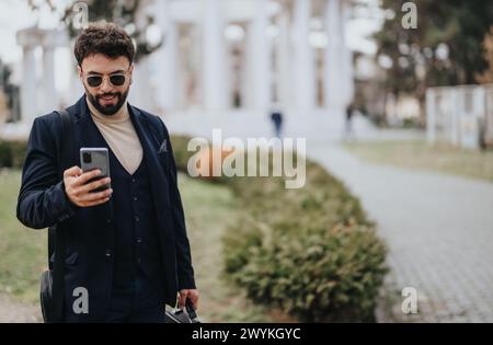Uomo elegante che usa lo smartphone mentre cammina in città, vestito con abbigliamento casual per affari Foto Stock