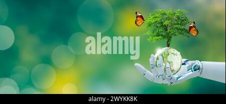 Albero in crescita sulla sfera di vetro di cristallo Globe in mano robot. Sfondo verde con bokeh. Salute mentale mondiale e giornata mondiale della terra. Intelligenza artificiale Foto Stock