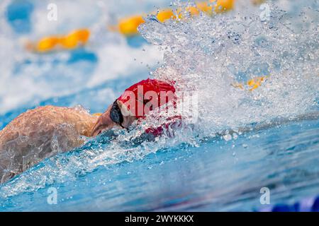 LONDRA, REGNO UNITO. 7 aprile 2024. Max Litchfield gareggia nei 200m Freestyle- Heats maschili durante lo Speedo Aquatics GB Swimming Championships 2024 - giorno 6 al London Aquatics Centre domenica 7 aprile 2024. LONDRA, INGHILTERRA. Crediti: Taka G Wu/Alamy Live News Foto Stock