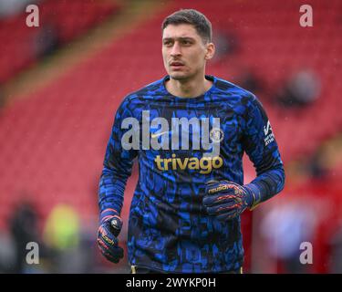 Djordje Petrović del Chelsea nella sessione di riscaldamento pre-partita durante la partita di Premier League Sheffield United vs Chelsea a Bramall Lane, Sheffield, Regno Unito, 7 aprile 2024 (foto di Craig Thomas/News Images) Foto Stock