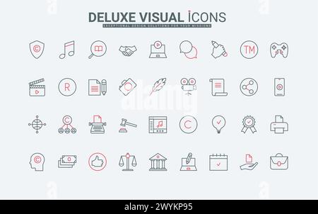 Sviluppo e protezione del set di icone di marchi, brevetti e proprietà intellettuale. Creazione di contenuti, idee per gli autori, matita e penna per scrivere l'articolo, illustrazione vettoriale con simboli neri e rossi sottili Illustrazione Vettoriale