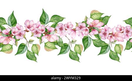Tavola senza cuciture per acquerelli con fiori rosa di alberi di pesca isolati su bianco. Striscione floreale con ramo in fiore disegnato a mano. Elemento per l'invito al matrimonio Foto Stock