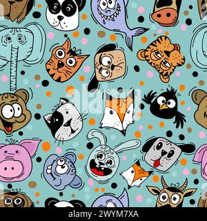 Schema senza cuciture di animali divertenti colorati. Non ai, illustrazione vettoriale piatta a colori Illustrazione Vettoriale