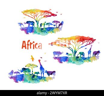 Poster di benvenuto in Africa. Africa abstract animali colorati silhouette. disegno a mano. Non ai, illustrazione vettoriale Illustrazione Vettoriale