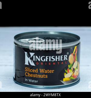 Irvine, Scozia, Regno Unito - 26 marzo 2024: Castagne d'acqua a fette con marchio KingFisher in una lattina riciclabile che mostra icone grafiche e informazioni generali Foto Stock