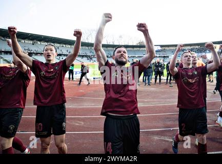 L'FC Midtjylland celebra la vittoria nel 3F Superliga match tra AGF e FC Midtjylland al Ceres Park di Aarhus, domenica 7 marzo 2024. (Foto: Henning Bagger/Ritzau Scanpix) Foto Stock