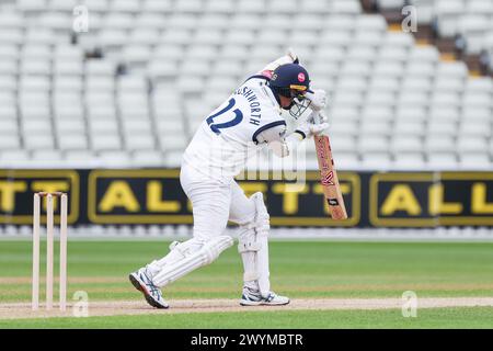 Birmingham, Regno Unito. 7 aprile 2024. Durante il giorno 3 del Vitality County Championship Division 1 match tra Warwickshire CCC e Worcestershire CCC all'Edgbaston Cricket Ground, Birmingham, Inghilterra, il 7 aprile 2024. Foto di Stuart Leggett. Solo per uso editoriale, licenza richiesta per uso commerciale. Non utilizzare in scommesse, giochi o pubblicazioni di singoli club/campionato/giocatori. Crediti: UK Sports Pics Ltd/Alamy Live News Foto Stock