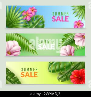 Striscioni per gli sconti estivi. Poster Web orizzontali con realistiche foglie tropicali e fiori delle hawaii, spazio per copiare il testo. banana verde e pianta di monstera Illustrazione Vettoriale