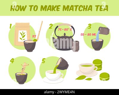 Istruzioni per la preparazione del caffè Matcha. Tè verde giapponese, accessori da cucina, teiera, cucchiaio di bambù e scopa. Tradizionale bevanda calda asiatica, cartoni animati Illustrazione Vettoriale