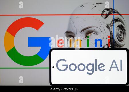 Bruxelles, Belgio. 7 aprile 2024. Google ai viene visualizzato su uno smartphone con Gemini visibile sullo sfondo, come mostrato in questa immagine. Presa a Bruxelles, Belgio. Il 7 aprile 2024. (Jonathan RAA/Sipa USA) *** esclusivamente per notizie editoriali *** credito: SIPA USA/Alamy Live News Foto Stock