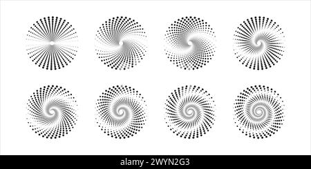Set di icone del cerchio increspato. Forme arrotondate con linee a pois ruotate isolate su sfondo bianco. Vortice, onda sonar, onda sonora, idromassaggio, nero Illustrazione Vettoriale