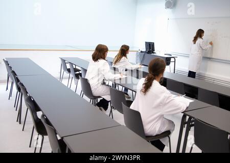 Insegnanti e studenti di formazione in classe Tecnun, Scuola di Ingegneria di San Sebastian, Università di Navarra, Donostia, Gipuzkoa, Paesi Baschi, Spagna. Foto Stock