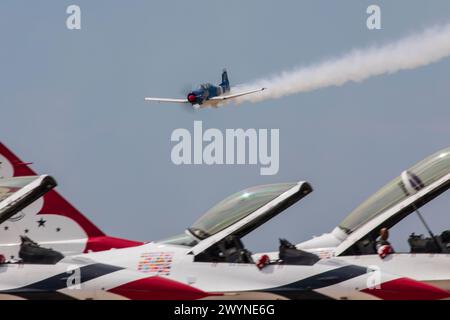 Un Nachang CJ-6 si esibisce alla Joint base di San Antonio-Randolph, Texas, per il Great Texas Airshow Practice Day, 5 aprile 2024. Rick Kelly è solo uno dei tanti artisti aerei e terrestri che hanno partecipato allo spettacolo aereo per accompagnare mostre statiche, stand educativi, venditori e zona per bambini. Le esibizioni e le esibizioni all'airshow evidenziano l'orgoglio, la precisione e la professionalità che l'aeronautica militare statunitense rappresenta. (Foto U.S. Air Force di Joseph Kumzak). Foto Stock