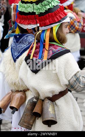 Zanpanzar, Joaldunak Txuntxurros e. Replica di Ituren e Zubieta carnevali. Navarra. Spagna. Foto Stock