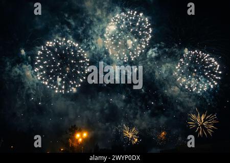 Fuochi d'artificio dai colori vivaci e un saluto di vari colori nel cielo notturno. Giorno dell'indipendenza, 4 luglio, 4 luglio o Capodanno. Foto Stock