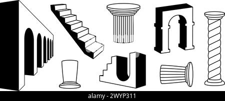 Delineare archi, colonne e scale di raccolta. Set di elementi in rovina greca surreale. Arco 3d nero, porte, pilastri, scale, cancelli. Confezione Trippy Forms per collage, poster, striscioni, adesivi. Vettore Illustrazione Vettoriale