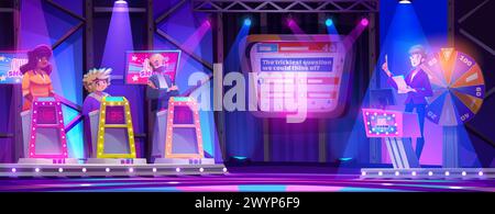 Quiz televisivo. Gioco in studio con sfondo vettoriale. Design degli interni del programma televisivo Trivia. Sala eventi dal vivo per progetti multimediali con uomo e donna. La gente indovina l'intrattenimento puzzle Illustrazione Vettoriale