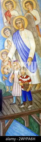 Angeli custodi, affresco nella Chiesa Parrocchiale del Sacro cuore di Gesù a Ivanovo Selo, Croazia Foto Stock