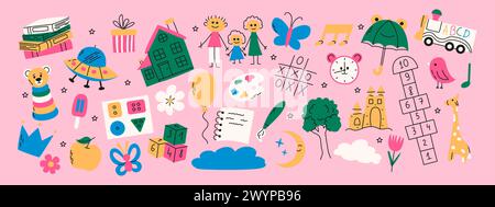 Set di coloratissimi doodle per la cura dell'infanzia. Libro, hopscotch, giocattoli, fiori, ombrello, casa, orologio e altri elementi Illustrazione Vettoriale