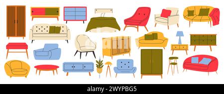 Collezione di mobili alla moda in stile scandinavo. Divano, tavolo, guardaroba, poltrona, cassettiera. Interni accoglienti Illustrazione Vettoriale