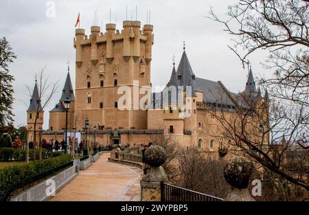 Facciata principale del Alcázar di Segovia Foto Stock